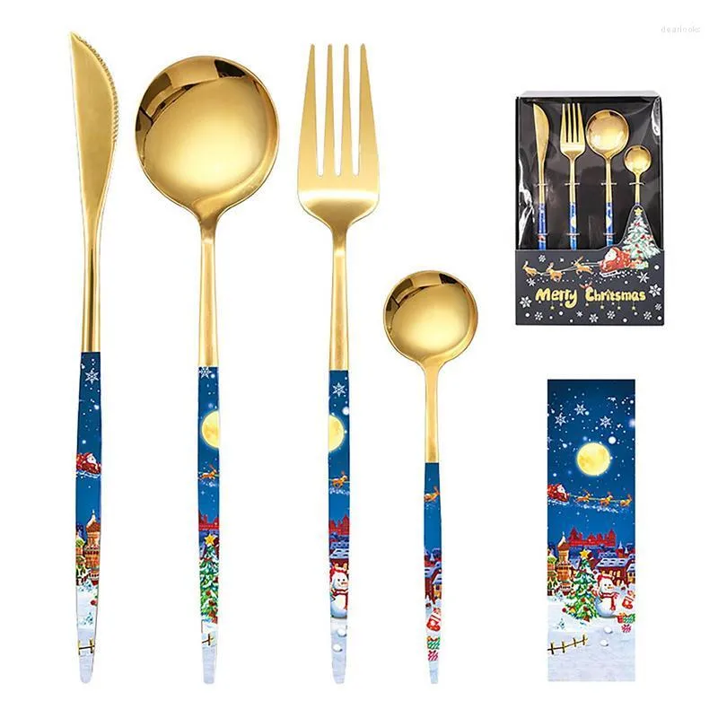 Set di stoviglie a mangiare utensili in acciaio inossidabile cucchiai e coltelli set di forchetti riutilizzabili di Natale con 1 zuppa grande