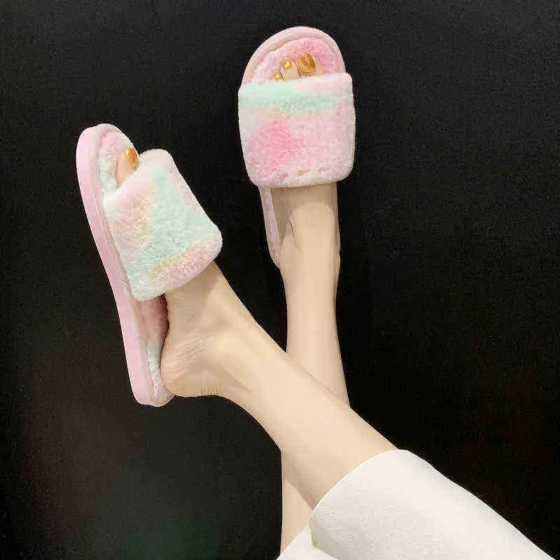 Slippers Plush Shoes Velvet Antislip J220716 Rainbow Color Cotton Female House Indoor Heat Cute Plush Soft Bottom Home Autumn Slippers