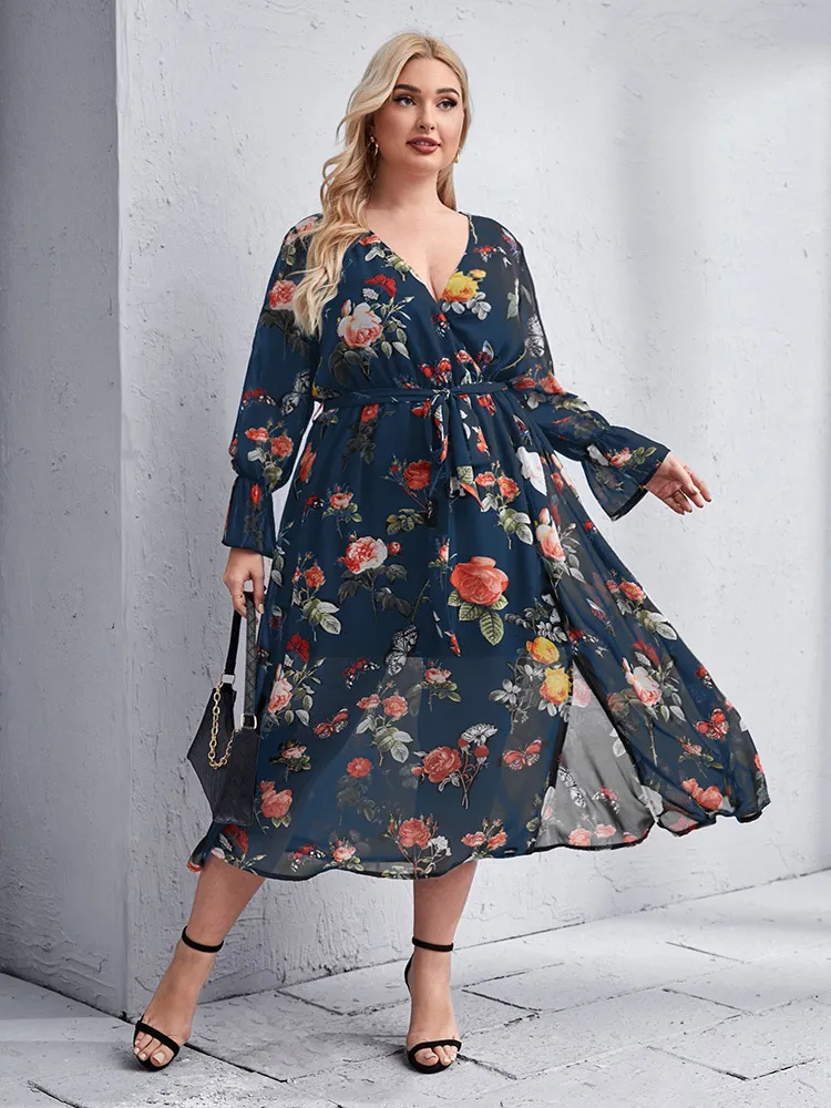 Robes grande taille TOLEEN prix de liquidation femmes grande taille robes mi-longues été Chic élégant à manches longues florale soirée vêtements de soirée 221121