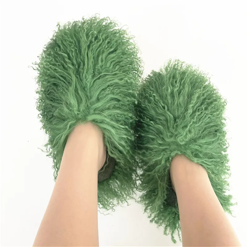 Slippers winter vrouwen pluche platte schoenen buiten indoor mode mongoolse bontglaasjes 221119