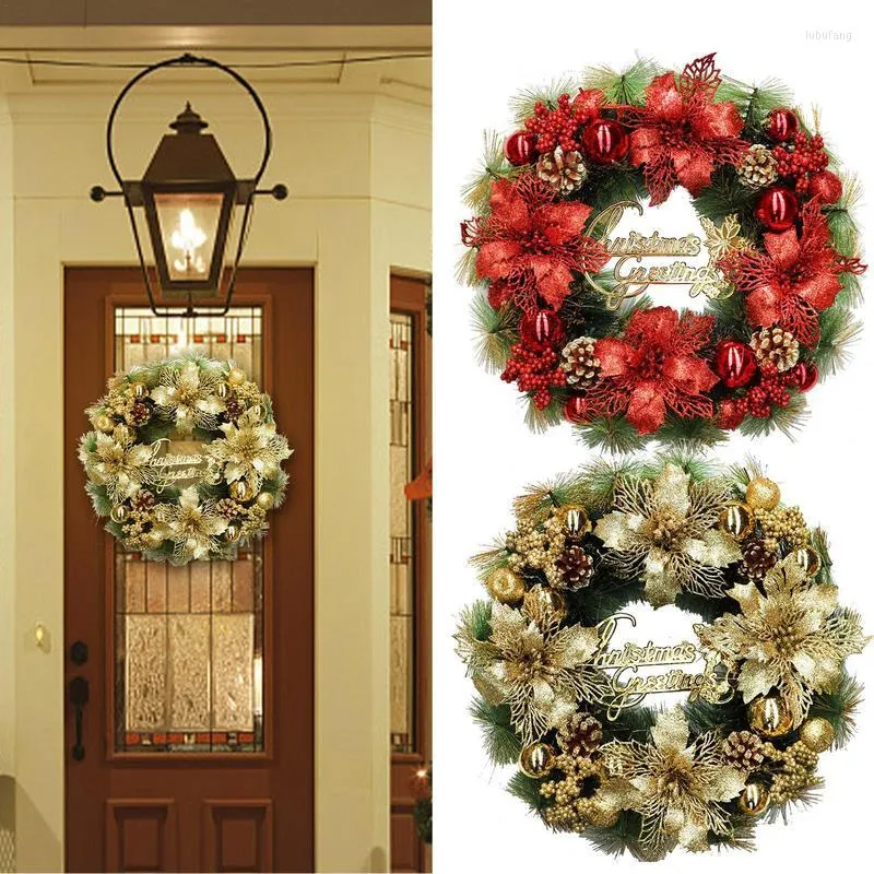 Fleurs décoratives Noël Guirlande artificielle Couronnes de porte d'entrée Cônes de pin Baies Rustique Illuminé