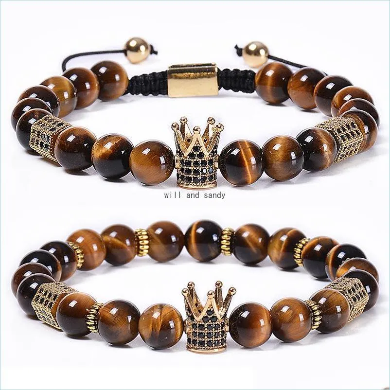 Beaded Tiger Eye Crown Armband Natural Stone Copper Microinlaid Zircon Diamond fl￤tade p￤rlarmband Kvinnor M￤n modesmycken Dro Dhty4