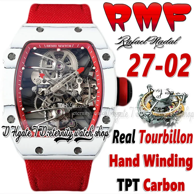 RMF YSF27-02 MENS Titta på riktiga Tourbillon Mechanical Hand Winding TPT Quartz Carbon Fiber Case Skeleton Dial Red Nylon Strap 2022 Super Edition Sport Eternity Watches