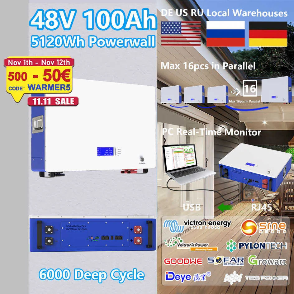 Powerwall 48V 100AH ​​200AH LIFEPO4 Bateria 6000 ciclos 5kW 10kW 16S 51,2V BMS RS485 CAN PC Monitor para Off/On-Grid PV System