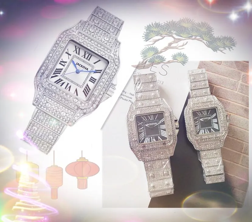 Full Diamonds Uomo Donna Square Roman Orologi Movimento al quarzo Iced Out Shiny Lover set coclea crimine auto data highend Coppie Stile Classico Orologi da polso