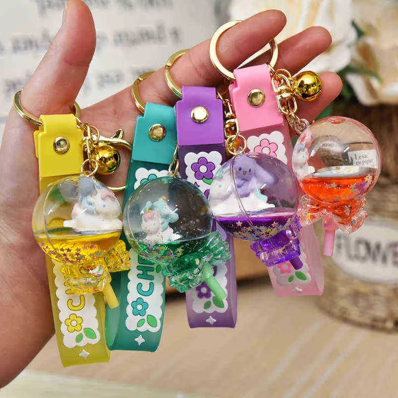 Keychains Creative Cartoon Acrylic Quicksand Unicorn Bag Ornaments Keychain Cute Oily Lollipop Cinnamon Dog Floating Liquid Keyring Gifts T220909