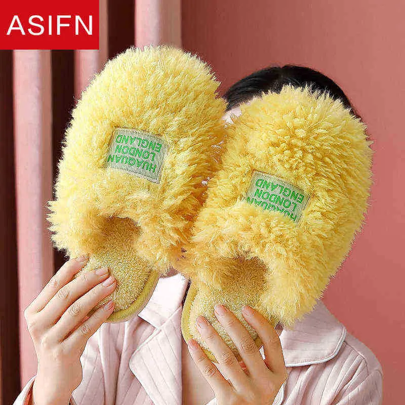 Asifn Faux Fur Women Slippers Feminino Casa seca Amarelo Ladies Casais Casais Másticos Casais Interior Mulheres Mulheres Algodão J220716