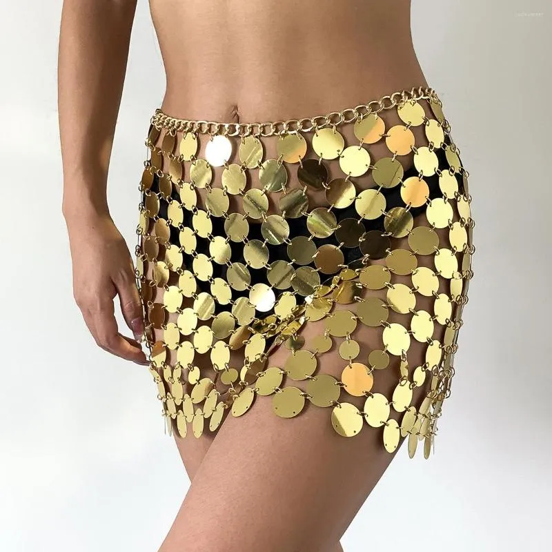 Handmade Chain Mail Mini Skirt Women Metal Mirror Disc Miniskirt Black Paillette Sequins Body Nightclub Party