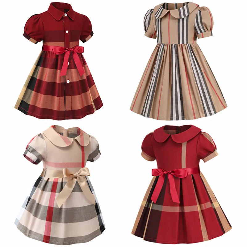 Robes de bébé filles robe de créateur vêtements pour enfants revers collège vent bowknot manches courtes plissée polo jupe enfants vêtements décontractés