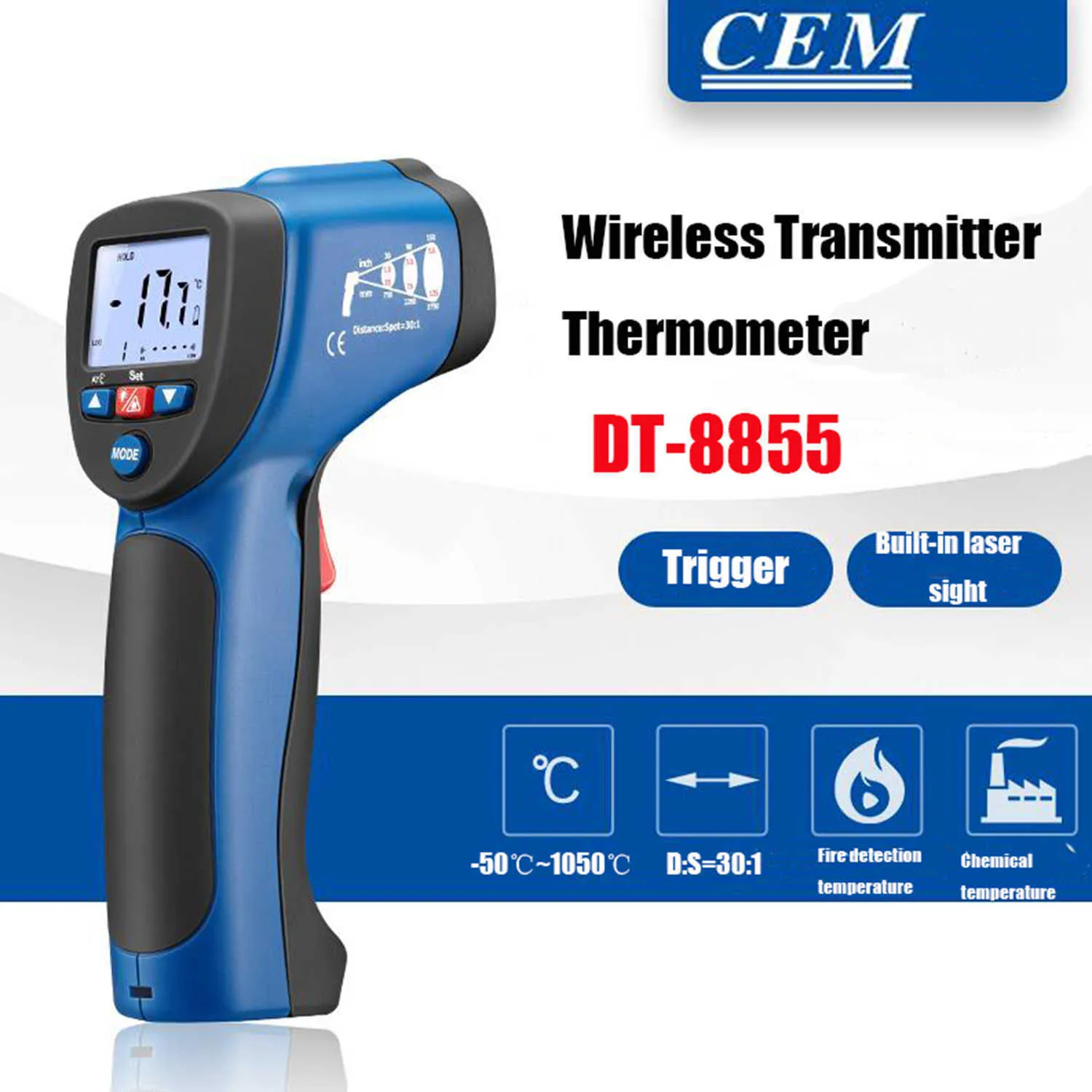 CEM DT-8855 Wireless Emission Function Two in One Infrared Thermometer Non-contact Temperature Gun USB Interface Transmission.