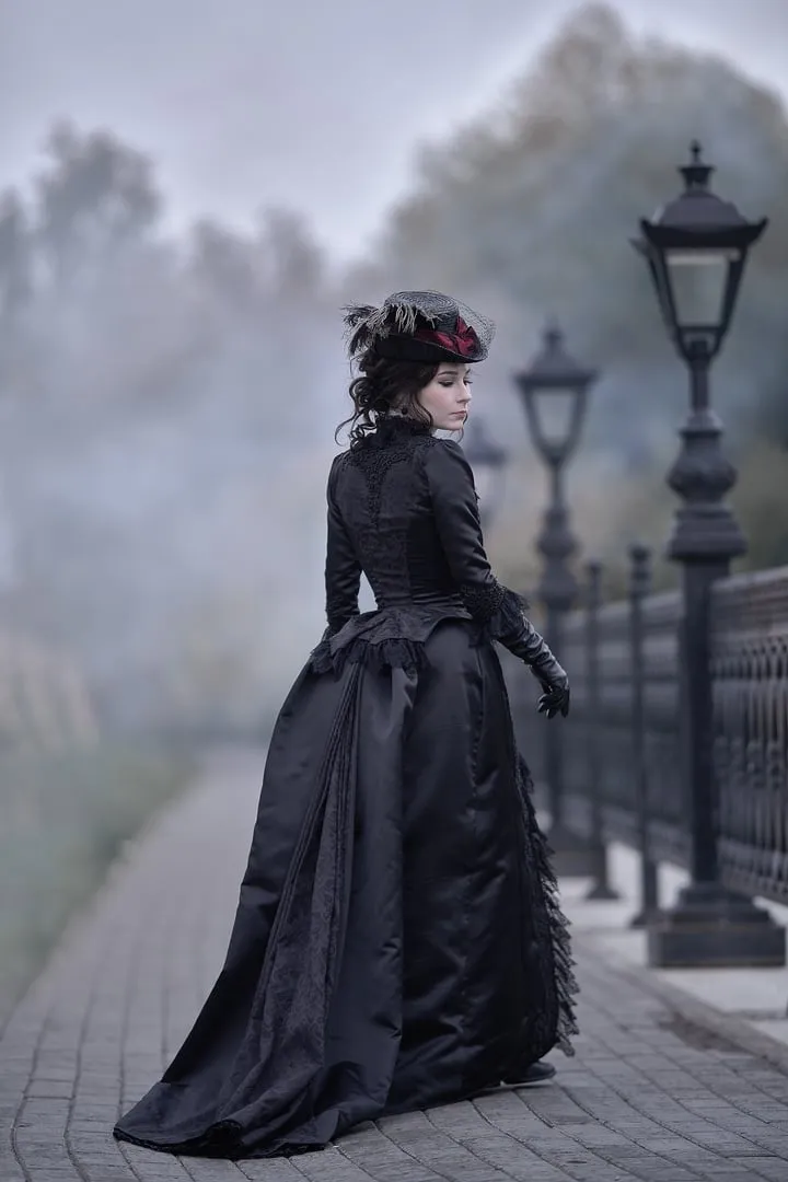 Victorian Black Lace Satin goth formal dress for Women - 2021 Collection with Long Sleeves, Pleats, and Vintage Civil War Historical Style - Perfect