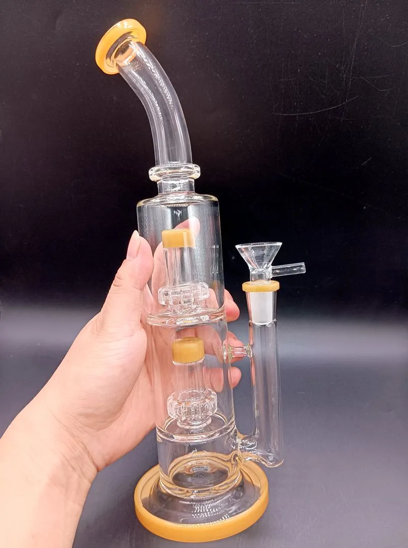 Yellow Glass Bong Hookahs with Tire 14 Inch Perc Double Layer Heady Dab Rig Perc Water Pipes for Smoking