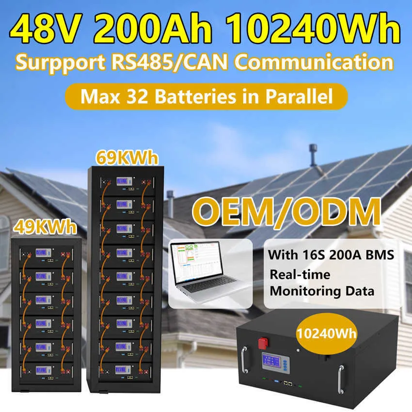 48 V LifePO4 200AH 150AH 100AH ​​Batteriepack 51,2 V 10 kWh mit RS485 Dose max.