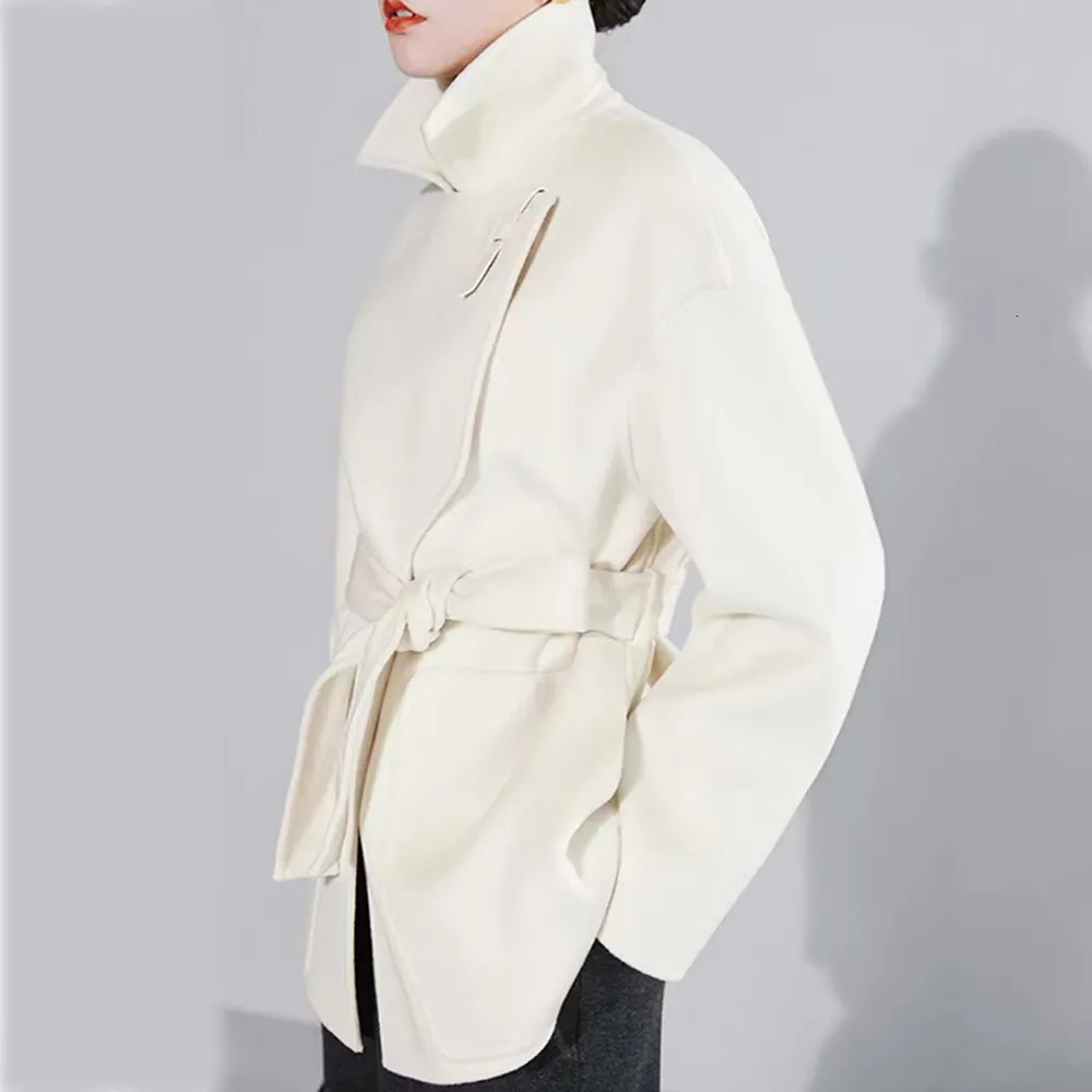 Kvinnor blandar Autumn Winter One Button Medium Längd Dubbelsidig 100 Woolen Coat Lace Up Office Suft Jacket White Black 221119