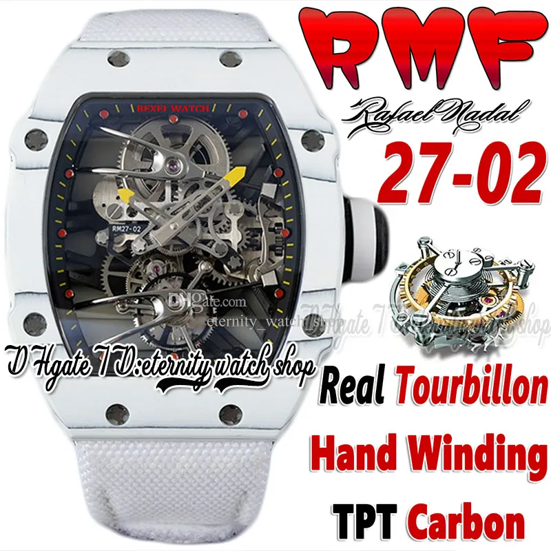 RMF YSF27-02 MENSEAGNE REAL TOURBILLON MÉCANIQUE MAIN WINDING TPT Quartz Fibre de carbone Squelette Skeleton STRAP NYON BLANC STRAP SUPERD