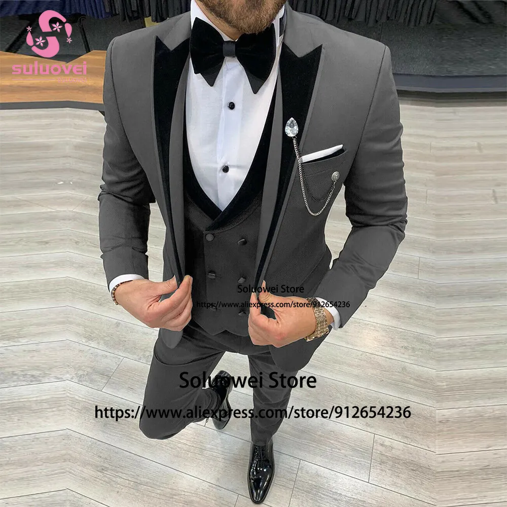 Men's Suits Blazers For Men Grey Slim Fit Wedding Groom Peaked Lapel Tuxedo 3 Piece Jacket Vest Pants Set Formal Business Blazer Custom Made 221121