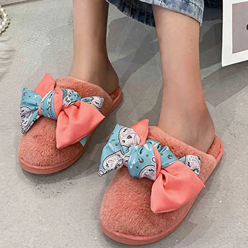 Slippels Women Fashion Print Bow Hairy Slippers Baotou vaste platte katoenen slippers indoor slaapkamer antislip warme pluche schoenen J220716