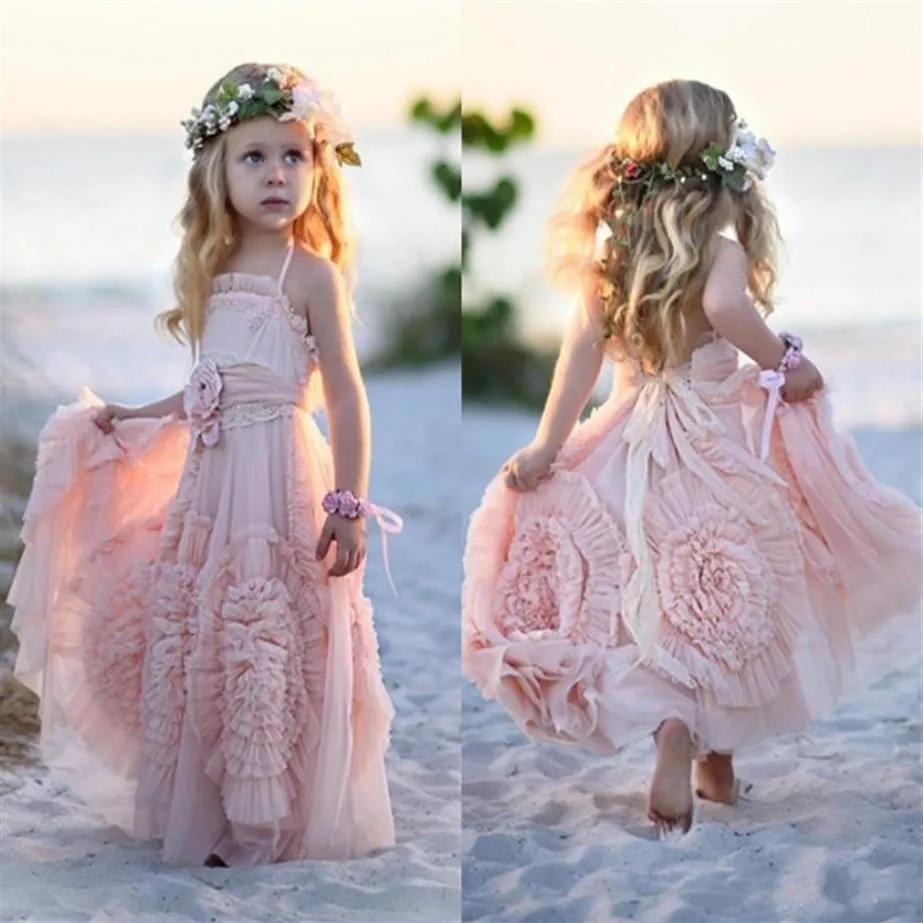 2019 Novo Boho Pink Flower Girls Dresses para Wedding Lace Applique Ruffles Kids Formal Wear Girls Dress Dress Vestio de aniversário GOWN254V
