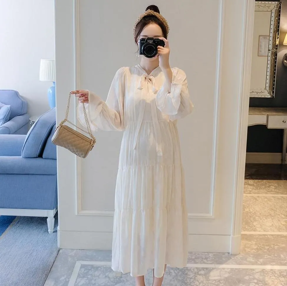 Annelik Elbiseleri 446 Giysiler Bahar Sonbahar Uzun Kollu Midi Elbise Düz Gevşek Şık Hamile Kadınlar Anne