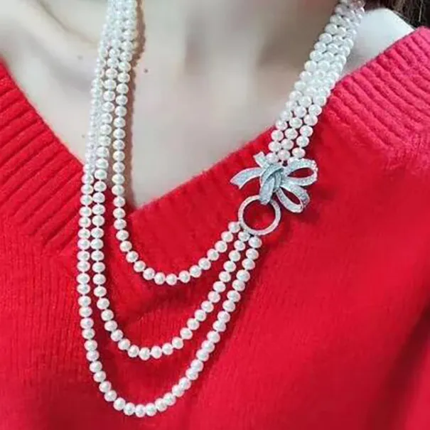 Bijoux fait à la main 3row 7-8 mm Collier de perle blanche Pendant 925 Silver Micro Inclay Zircon Leaf fermoir accessoire