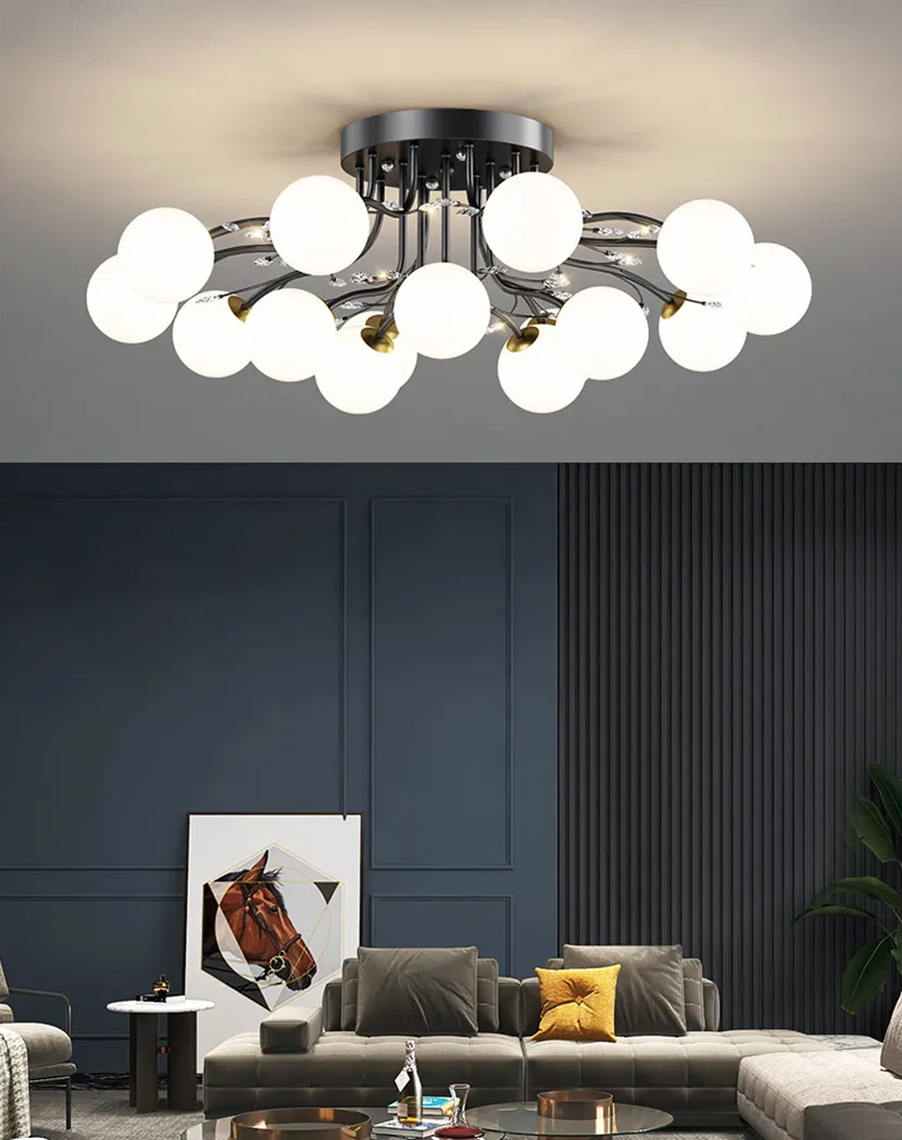 LED Zwarte gouden kroonluchters Clear Star Milk White Glass Ball Plafond Lamp met kristal Live Room Decor Pendant Lights