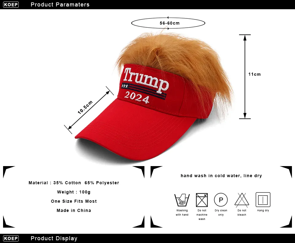 Trump 2024 Embroidery Hat With Hair Baseball Cap Trump Supporter Rally Parade Cotton Hats C1121