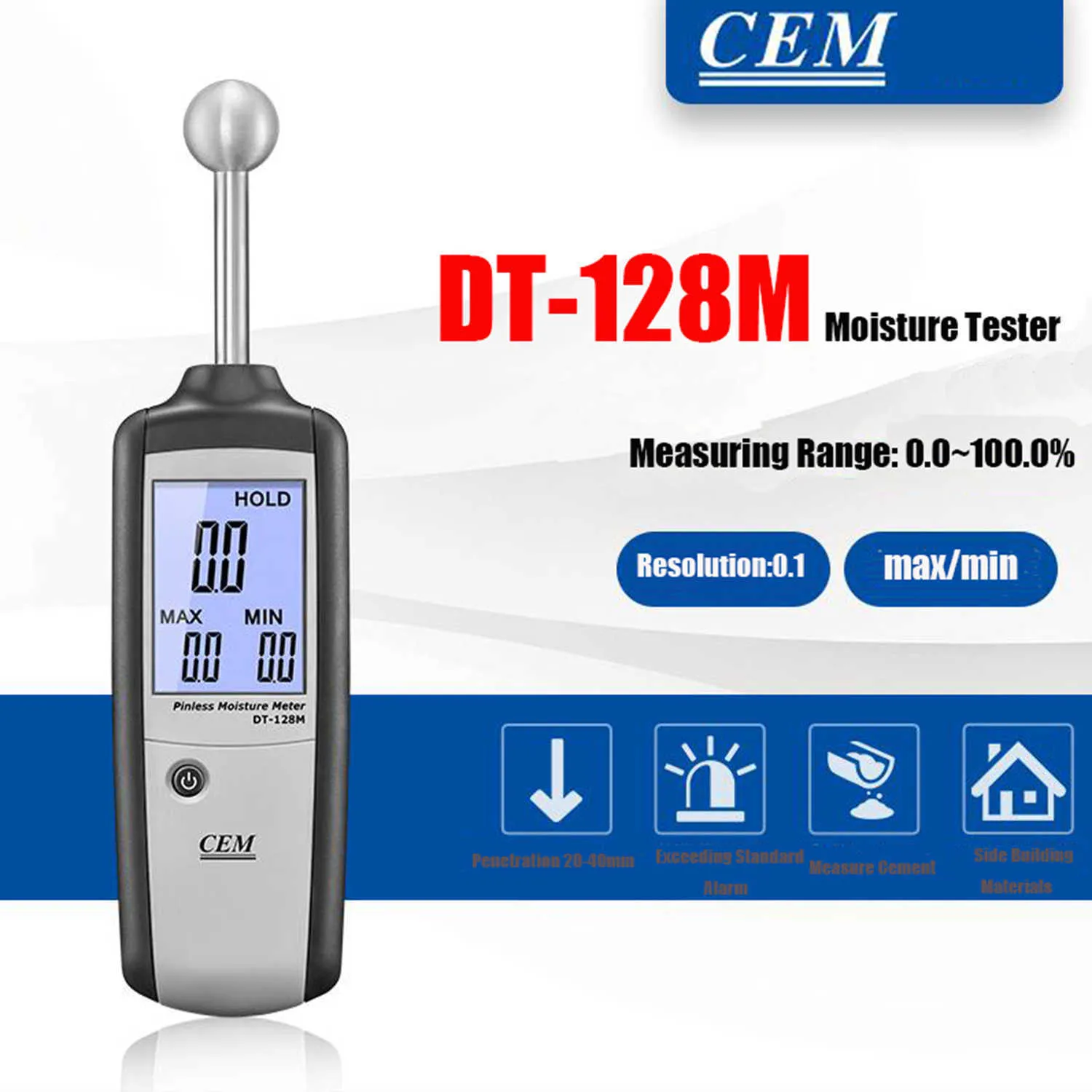 CEM DT-128M Icke-kontakt induktiv fukttestare TRÄ TROGROTITY GYPSUM CEMENT NONDESTRUKTIV HYGROMETER MATERIAL NYTT.