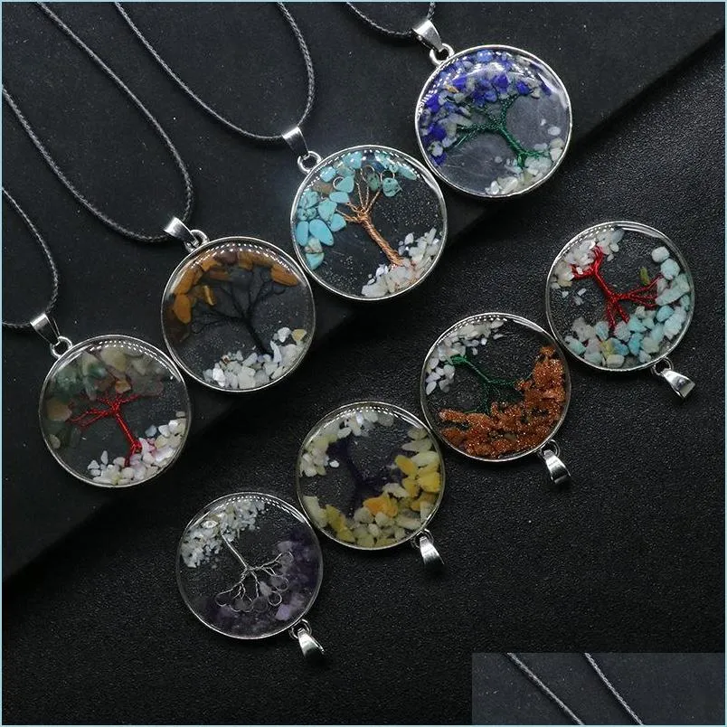 Colliers pendentif en pierre naturelle arbre de vie collier pendentif cristal oeil de tigre rond verre Terrarium colliers pour femmes enfants F Dhdih