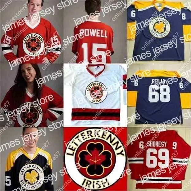 Hóquei na faculdade Vestir NIK1 Irish TV Series Letterkenny Jersey 15 Powell 69 Shoresy 68 Clover 85 Nappy Boy 100% personalize a camisa de hóquei de gelo costura