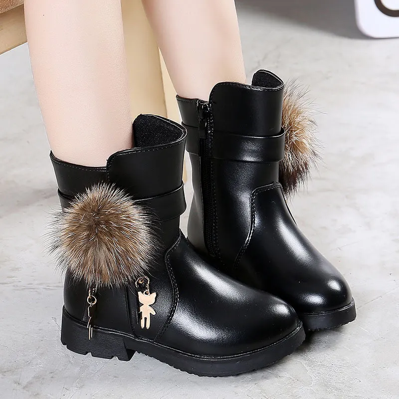 Boots Winter Girls Real Fur Ball PU Leather Kids Snow Warm Plush Sneakers Children Shoes 221122