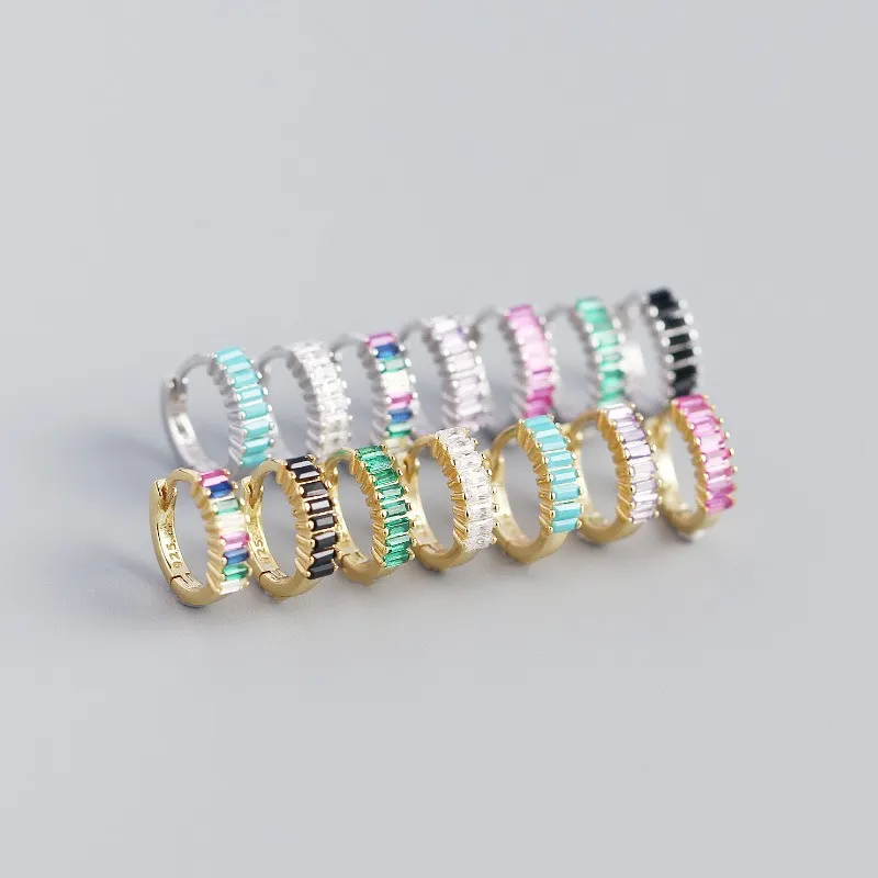 S925 Sterling Silver Hoop Huggie Earrings 18K Gold Plated Zircon Stone Clear Green Purple Red Black Turquoise Colorful Cz Ear Buckle