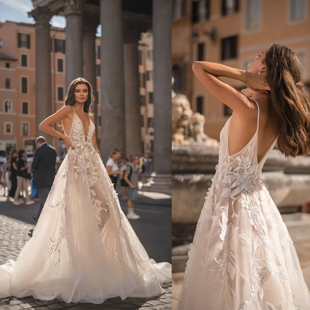 Elegant A Line Wedding Dress Deep V Neck Appliques Backless Bridal Gown Sweep Train Lace 2024