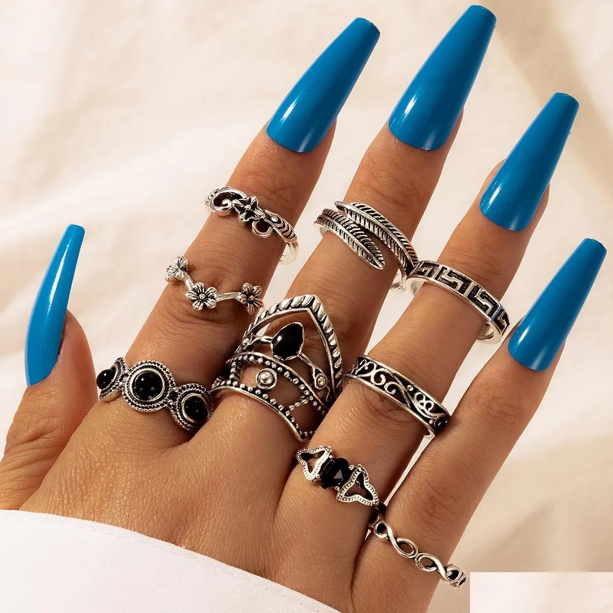 Band Rings 9Pcs/Set Retro Ancient Sier Knuckle Rings Flower Leaf Charm Joint Stackable Ring For Women Girls Fashion Jewelry Drop Deli Dhcuy