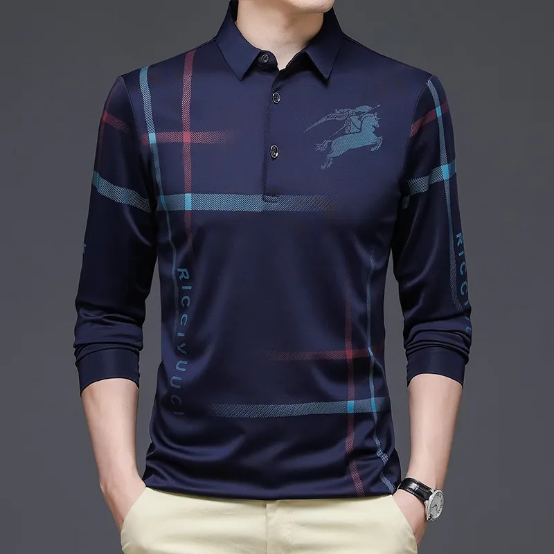 Polos pour hommes à manches longues mercerisé t-shirt printemps et automne mince glace soie revers affaires décontracté Polo 221121