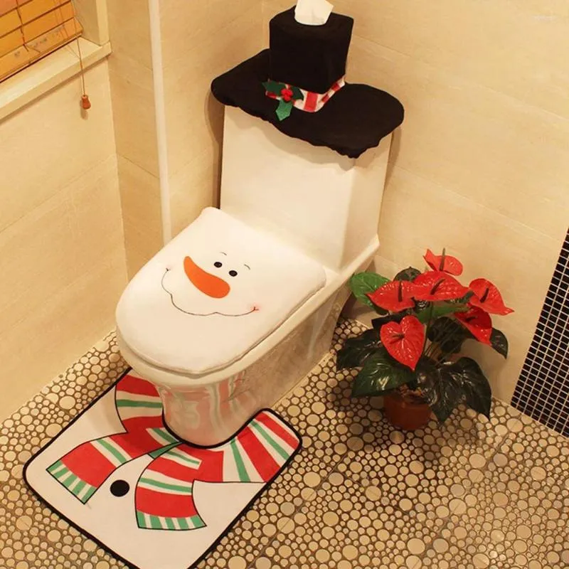 Couvertures de siège de toilette Couvrons en 4 pièces de neige Santa Santa Reindeer Elfe Set Set Christmas Decorations Bathroom 2023