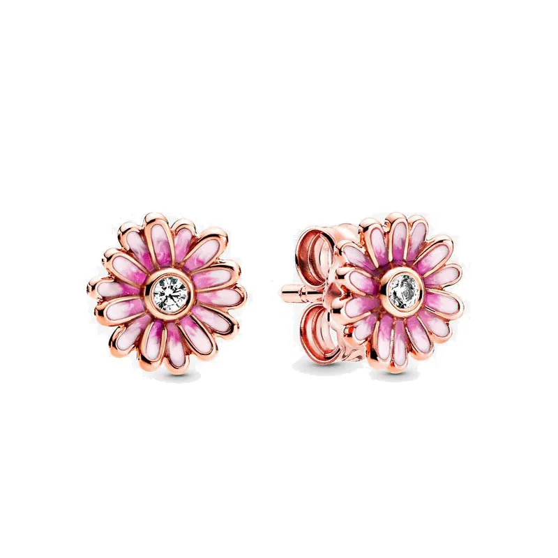 Rose Gold Pink Daisy Flower Stud örhängen med originalbox för Pandora Sterling Silver Fashion Women Jewel Girl Girl Gift Cz Diamond Earring Set