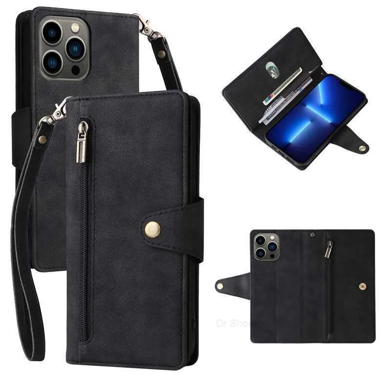 Retro Magnetic Folio Zipper Phone Case for iPhone 14 13 12 Mini 11 Pro Max XR XS 7 8 Plus SE2 SE3 Durable Multiple Card Slots Matte Leather