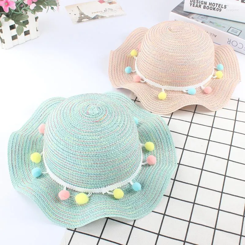 Hats 2022 Summer Girls' Straw Hat Wave Side Color Ball Sun Kids Baby Beach Children's Cap