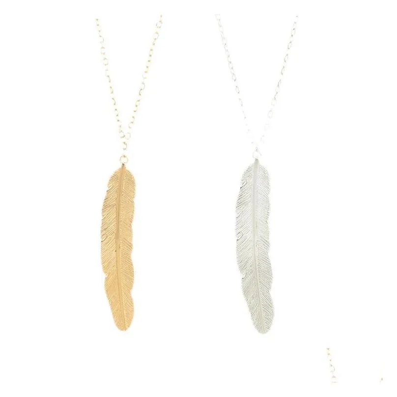 Hanger kettingen Fashion Feather kettingen voor vrouwen tienermeisjes lange blad hanger trui ketting ketting druppel levering sieraden penda dhxdi