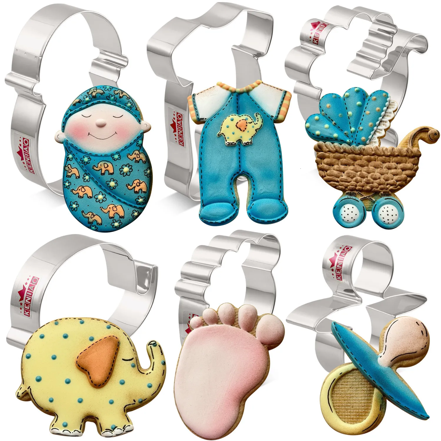 KENIAO Baby Shower Cookie Cutter Set - 6 PC Pyjama Carriage Elephant Foot Pacifier Biscuit Pain Molds Acier inoxydable 221122