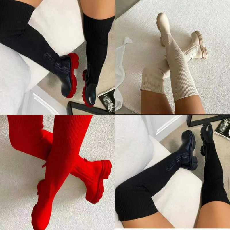 Plus Size CN35-43 Designer Women Boots High Tube Boot Over Knee Round Head Flying Fashion Woven Boots Elastic Socks Shoes Wholesale