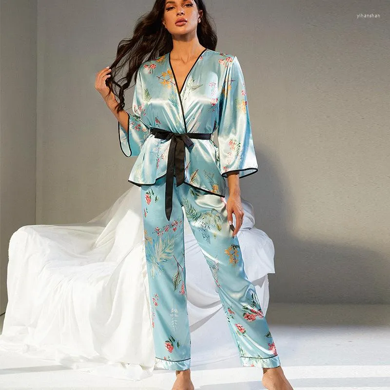 Home Clothing Women Pajamas Set Satin Sleepwear Print Flower 2 Pieces PJS Suit Lounge Wear Casual Clothes Lingerie Soft Nightwear