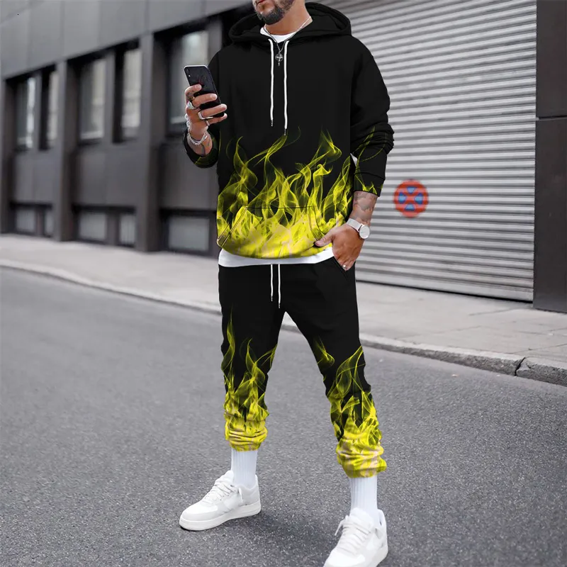 Heren Hoodies Sweatshirts Kleur van Flame 3D Gedrukte heren Tracksuit Hoodie Pants Set Outzee Street Style PulloverTroousers Ssuits Mens kleding 221122