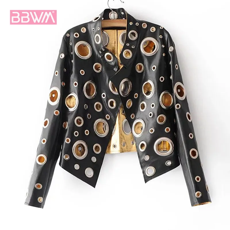 Jackets femininas Sexy Women Winter Winter Fashion Personalidade Wild Stand Collar Hollow Light Pu Black Sleeved Jaqueta 221122