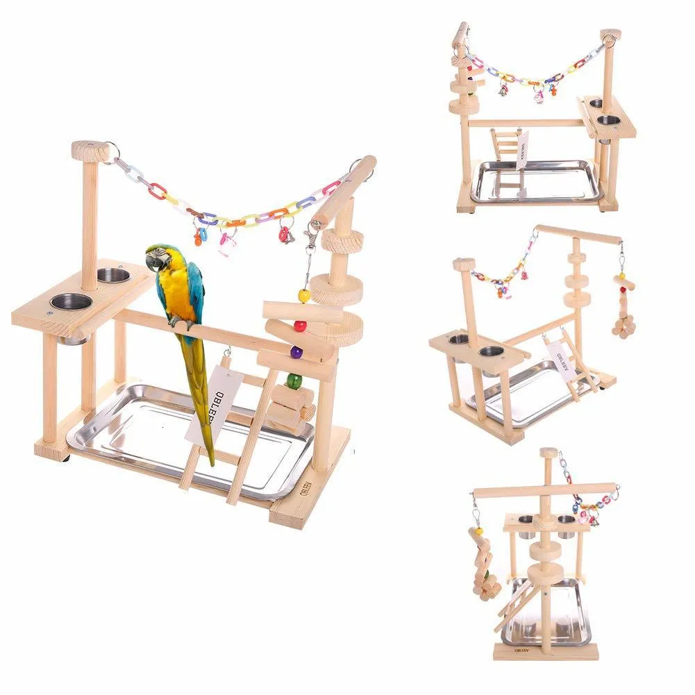 Andra husdjurstillbehör Parrot PlayStand Bird Play Stand Cockatiel Playground Wood Perch Gym Playpen Ladder With Feeder Cups Toys Inkluderar A Tray 221122