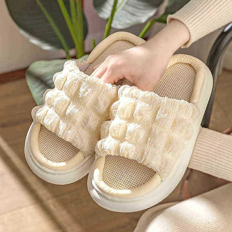 Mooie zomerlinnen slippers dames indoor huis katoenen sandalen niet slip paar slippers sandalia mannen schoenen en herfst J220716