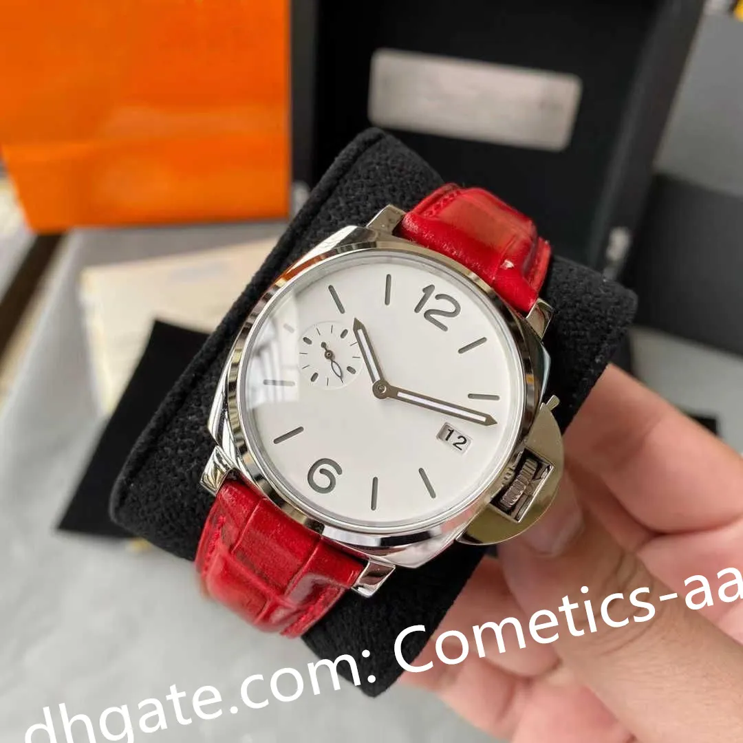 Orologio da uomo con foto reale Base carica manuale 42 mm Cinturino in pelle Automatico quadrante bianco Orologi meccanici Zaffiro luminescente Orologi da polso da uomo impermeabili