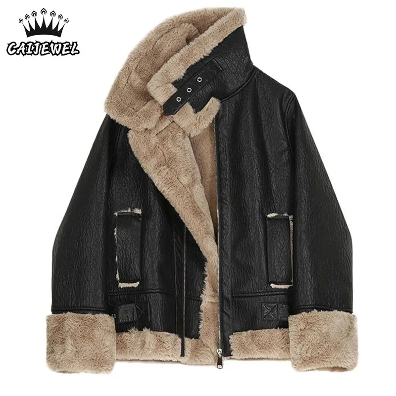 Couro de couro feminino Faux Fashion Coat Women Collar Gross Grost Plush Outerwear Winter Ladies Wool Coats Zipper Captped Jacket 221122