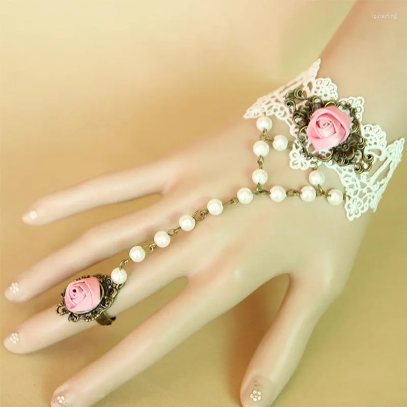 Bracelets de charme manual de renda branca pérola rosa bracelete de flores retro jóias de jóias de jóias ecológicas ligas de zinco antigo banhado a bronze
