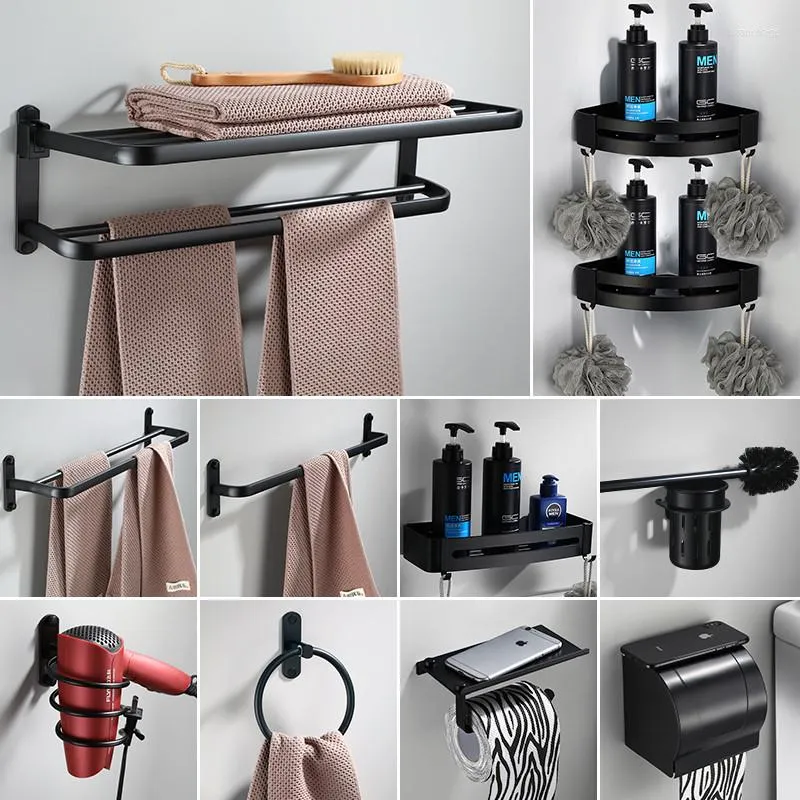 Ensemble d'accessoires de bain Quincaillerie de salle de bain Porte-serviettes en aluminium Porte-brosse à papier / WC Boîte à mouchoirs Crochets pour étagère d'angle Clou perforé Noir